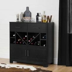 Best Pirce 🔥 South Shore Furniture South Shore Vietti Bar Cabinet With Bottle Storage And Drawers Black Oak ⭐